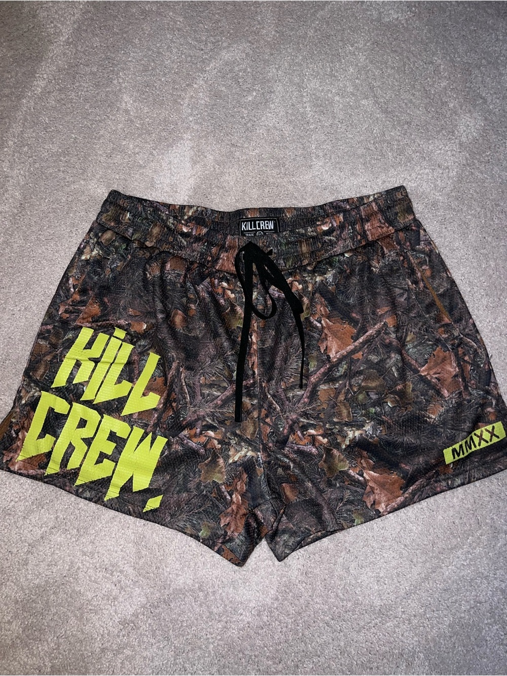Kill Crew Camo Athletic Shorts with Neon Lime Logo